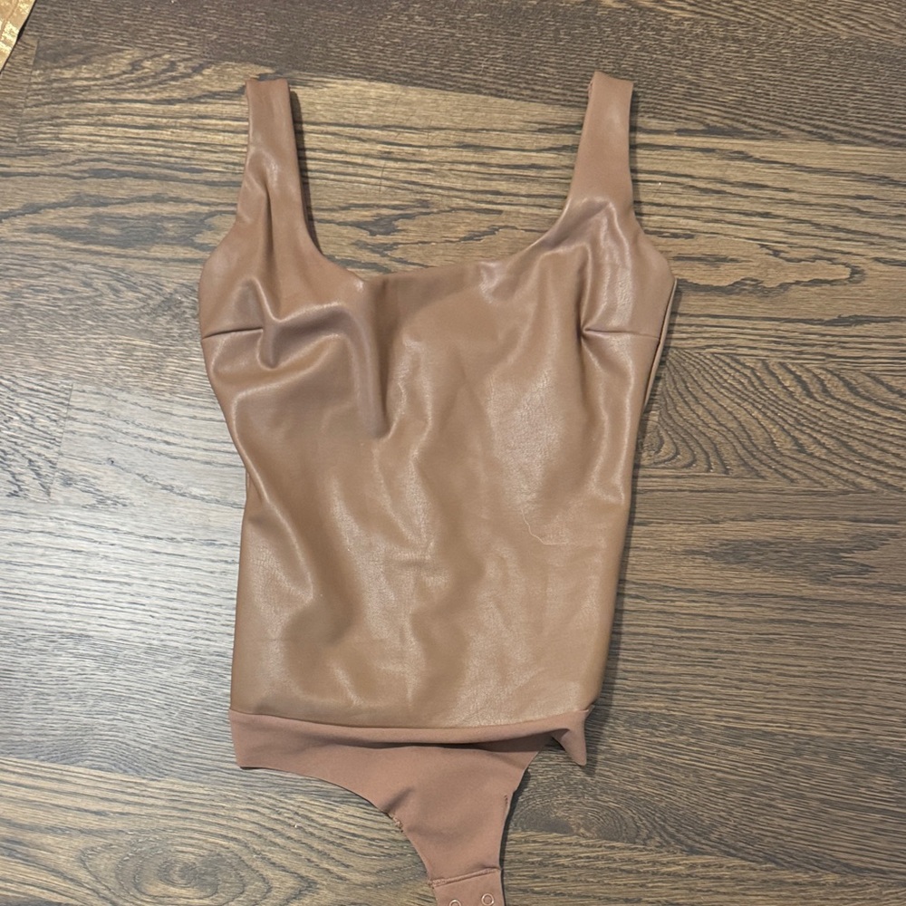 SKIMS Brown Faux Leather Scoop Neck Bodysuit xs